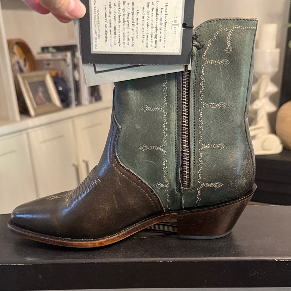 Women's Lucchese Two-Tone Green and Brown Leather Western Ankle Boots BRAND NEW - Picture 3 of 6